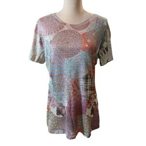Cactus Artful Patchwork Print Sparkle Embellished Short Sleeve Top Women's M